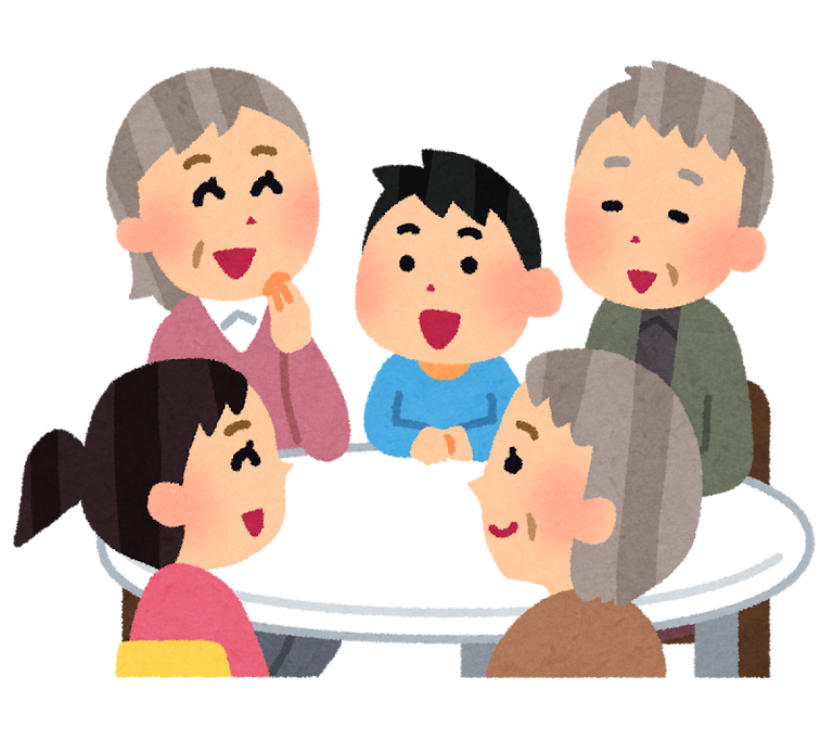 高齢者と家族が一緒に話し合っているイラスト