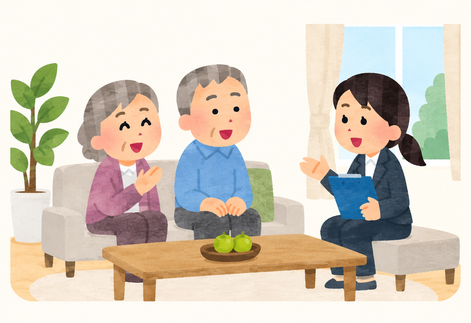 高齢者夫婦が女性相談員に住まいと暮らしについて相談しているイラスト